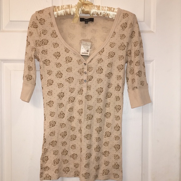 Express Tops - Express NEW cream w roses rhinestone button top